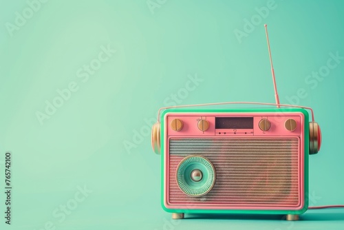 Antilo radio illustration, 80s and 90s, retro colors on pastel green pink neon light background, copy space.