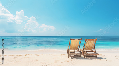 two lounger chair at calm beach with clear blue sky and ocean water, Summer vacation Travel and tourism concept 