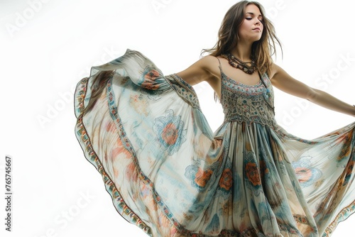 Pretty Young Woman in Boho Maxi Dress: Showcase the pretty young woman in a flowing bohemian maxi dress adorned with floral prints and delicate embroidery