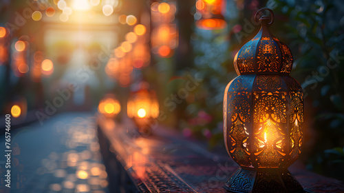 Lantern and Fruit In Front of Mosque, Ramadan Kareem, Islamic Celebration, Muslim's Festival, Eid ul Fitr, Eid al Adha, Generative Ai