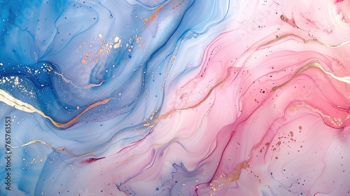 Abstract pink and blue marble background with golden veins pain 