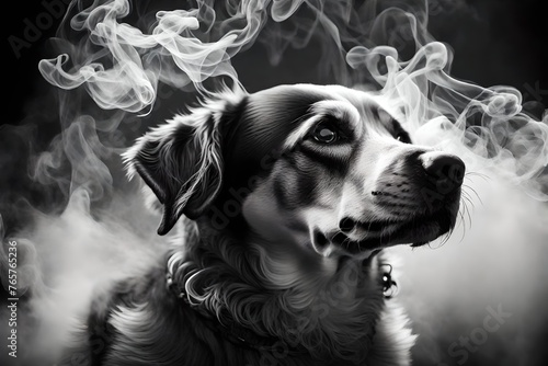 Gros plan d'un chien entouré de fumée en noir et blanc