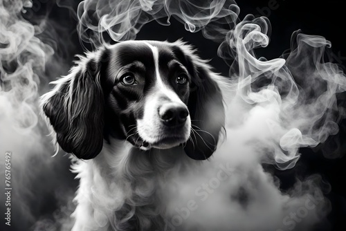 Gros plan d'un chien entouré de fumée en noir et blanc