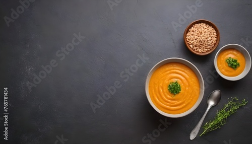 Red lentil soup puree on stone table