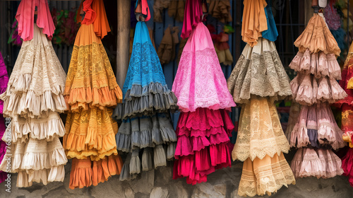 Vibrant petticoats displayed in a traditional market.