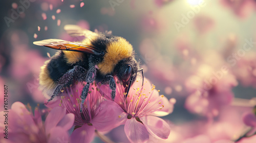 A close-up shot of a bumblebee collecting pollen from a flower, showcasing the fuzzy texture of its body and the delicate structure of its wings