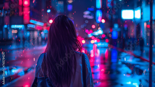 woman alone in the city, with colored neon citylights