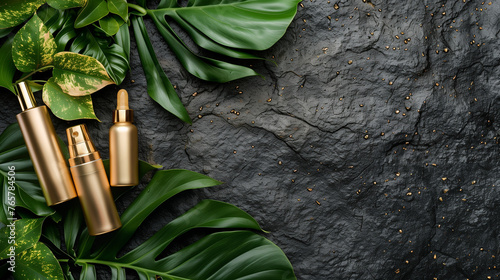 golden cosmetic bottles with green leaves on black stone background. Luxory Skincare products 