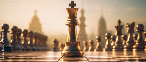 A chess piece in the shape of a king stands out against a blurred background of a wooden board with a checkered pattern