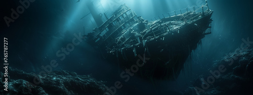 Sunken Ship in Underwater Abyss with Sunlight Filtering Through