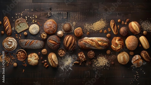 a panoramic spread of various breads, ranging from rustic sourdough to delicate pastries