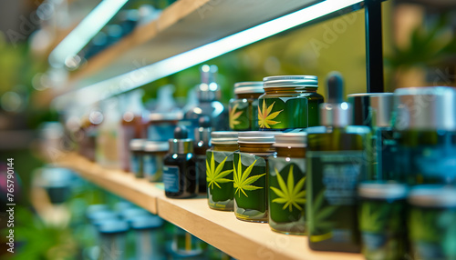  Cannabis products with the characteristic branding of cannabis leaves on a shelf of dispensary, shop, pharmacy. Medical marijuana and CBD products