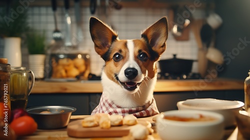 Cute welsh corgi dog having breakfast in the kitchen.