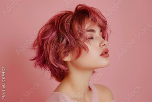 stylish young woman with short bordeaux hair in soft pastel tones