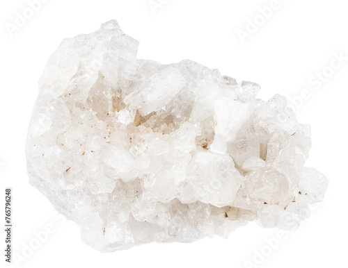 close up of sample of natural stone from geological collection - druse of quartz rock-crystal mineral isolated on white background