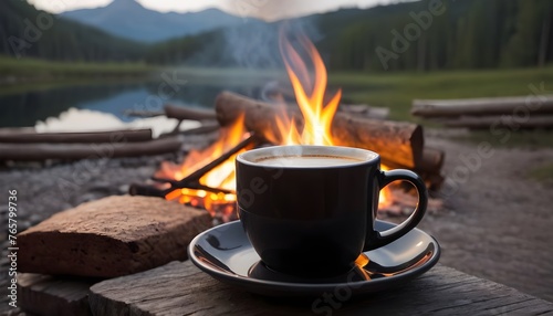 coffee on cup, campfire on the background