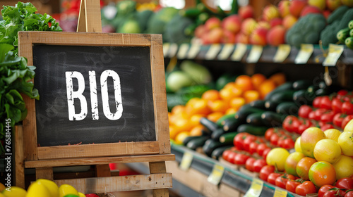 Regional organic store/farmers market, supermarket, shopping, vegetarian, vegan food - chalkboard saying "Bio" and fresh, healthy vegetables on the table