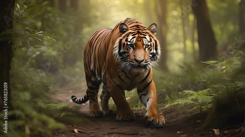 tiger in the jungle.A tiger ambling through the forest,