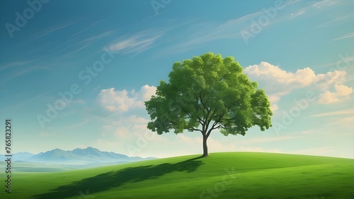 Abstract grassland scene with a single tree and a green hill