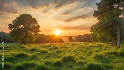 Beautiful, expansive sunrise or sunset over a verdant summertime woodland