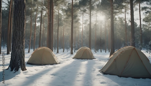 Camping tents under winter pine trees with sunlight