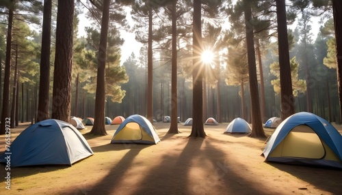 Camping tents under pine trees with sunlight