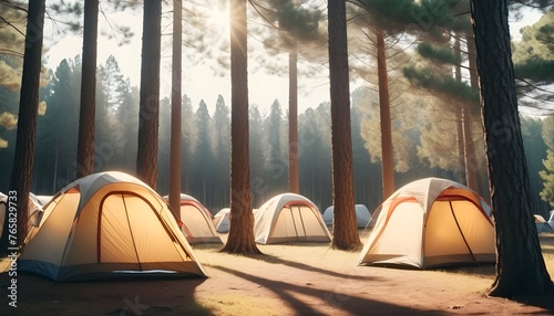 Camping tents under pine trees with sunlight