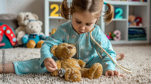 A toddler in pajamas is pretending to examine a plush teddy bear with a stethoscope.