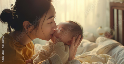 a mother gently caresses her newborn baby's head with gentle love and tenderness