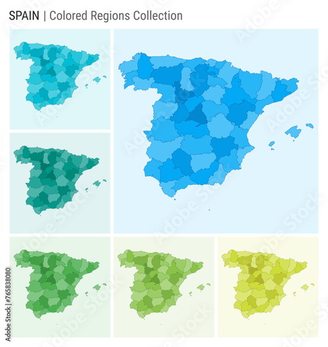 Spain map collection. Country shape with colored regions. Light Blue, Cyan, Teal, Green, Light Green, Lime color palettes. Border of Spain with provinces for your infographic. Vector illustration.