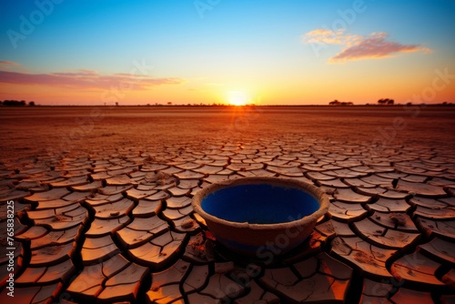 A blue ceramic bowl sits on dry, cracked earth under the setting sun, representing the impact of drought and environmental degradation on the landscape.