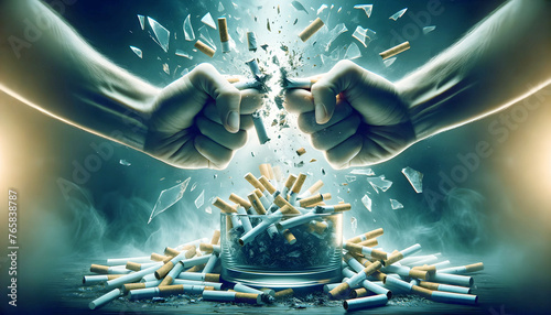 Hand breaking a cigarette in half over an ashtray filled with crushed cigarettes.