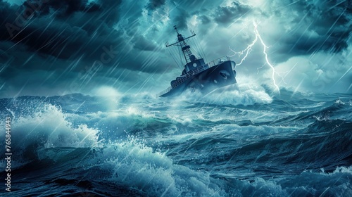 the ship crashes through waves and storms