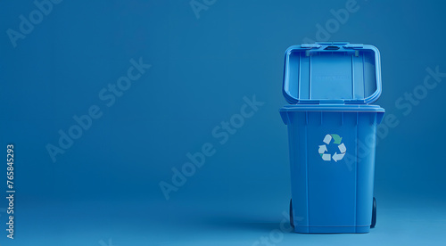 blue dustbin specifically designated for recycling paper trash, isolated on a serene blue background, highlighting the importance of paper recycling and waste management practices, copy space