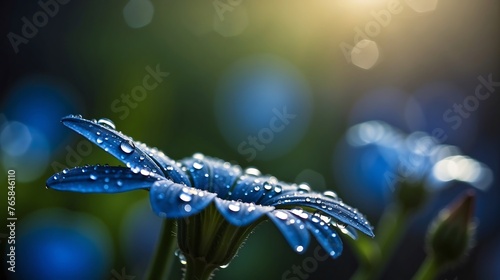 flower with dew dop - beautiful macro photography with abstract blue bokeh background