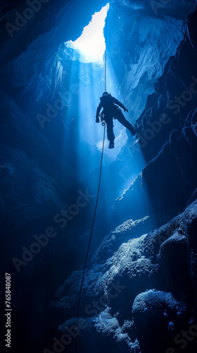 A speleologist descends on cables into a deep cave, the contrast between light and darkness