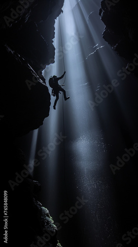 A speleologist descends on cables into a deep cave, the contrast between light and darkness