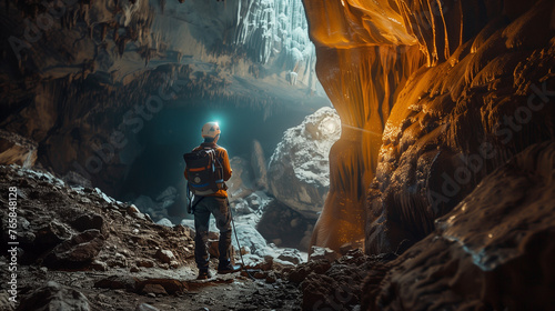 A speleologist explores a large cave, illuminated by a headlamp, and the rugged cave formations around it.