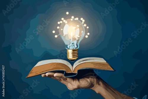 Hand holding open book with glowing lightbulb idea, knowledge and education leading to creativity, learning new skills and discovering solutions through reading, wisdom and inspiration concept.