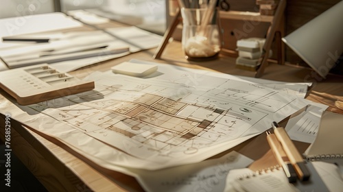 Interior blueprint sketch on architect's table