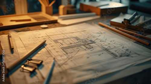 Interior blueprint sketch on architect's table