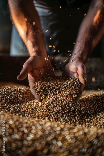 Close up of a brewer holding malt in his hands in a Brewery