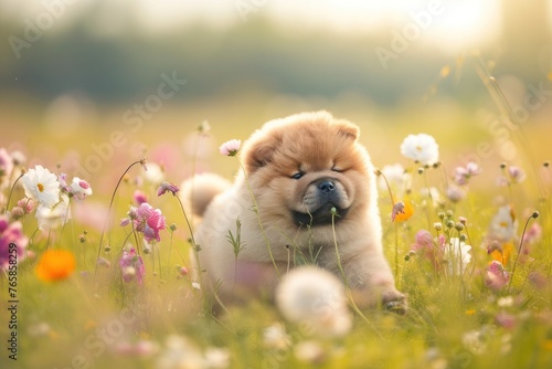 A beautiful Chow Chow puppy exploring a field of wildflowers, its playful nature captured in the soft light of dawn,