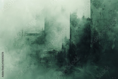 Misty urban-inspired abstract texture in shades of green, suggesting a tranquil and somber cityscape atmosphere.