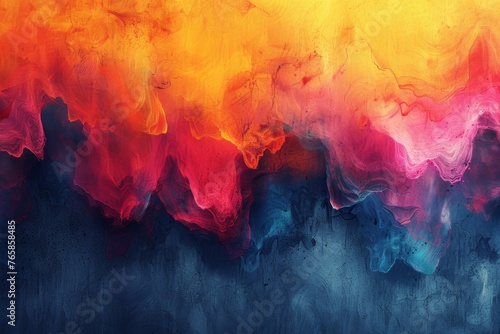 Fiery abstract watercolor resembling a vibrant landscape with intense reds bleeding into cool blues.