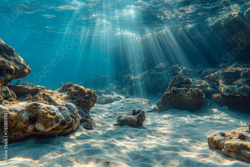 Rays of light filter through water onto a rocky ocean floor, revealing an underwater sanctuary.