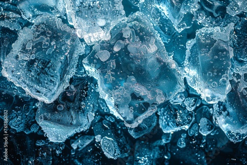 Close-up of ice cubes with air bubbles trapped inside, offering a glimpse into their frozen depths.