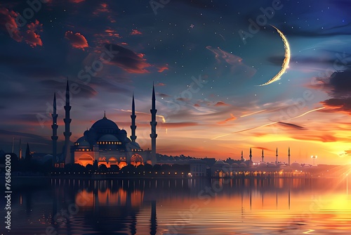 Beautiful landscape mosque at night with crescent moon and starry sky,eid al adha