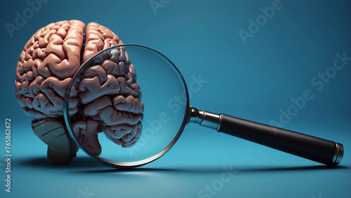 A brain on a blue background with a magnifying glass over part of it