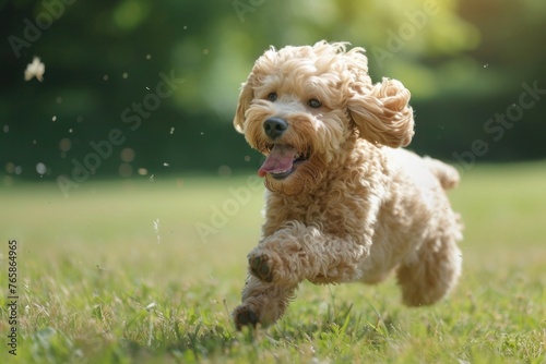 A Cockapoo enjoying a sunny day at the park, its joyful demeanor infectious as it romps through the grass and socializes with other dogs,
